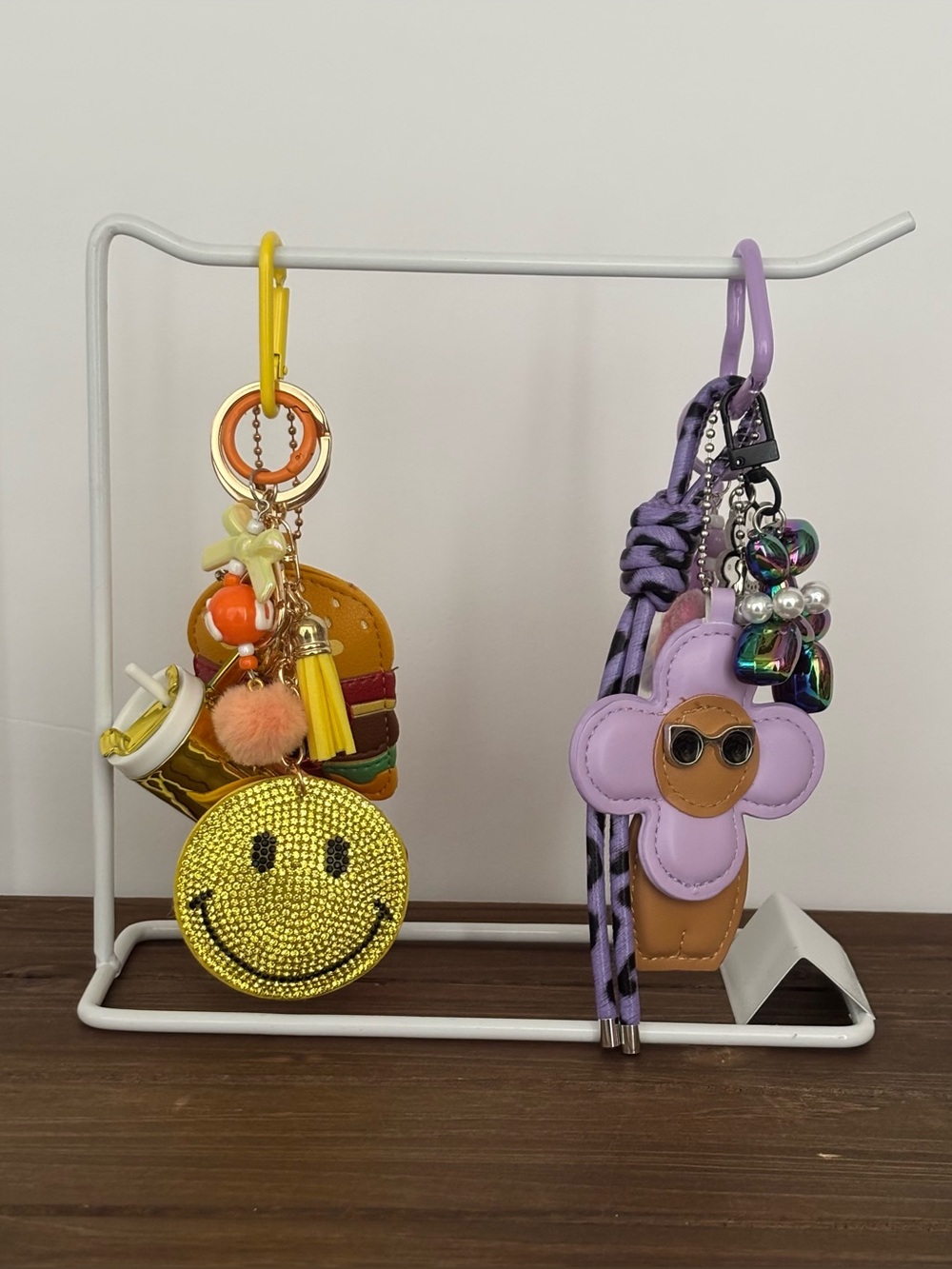 2 PC Keychain Set with Yellow Smiley & Lavender Flower Charms